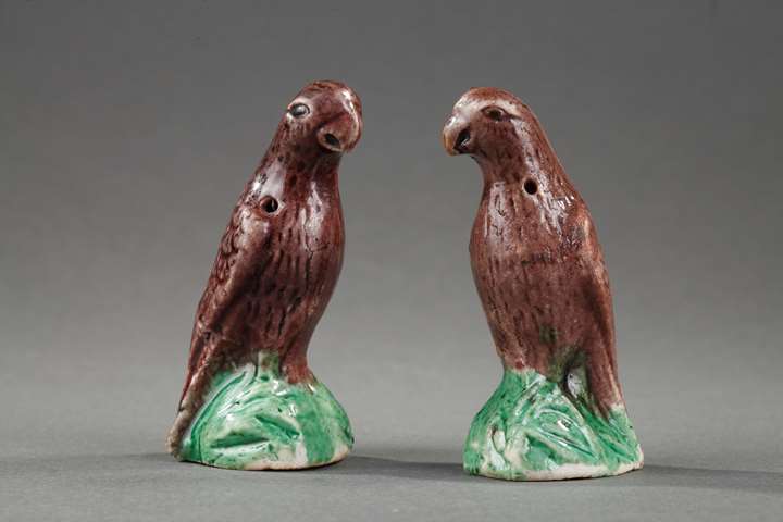 Chinese brown and green enamelled biscuit pair of birds miniature standing on a rock